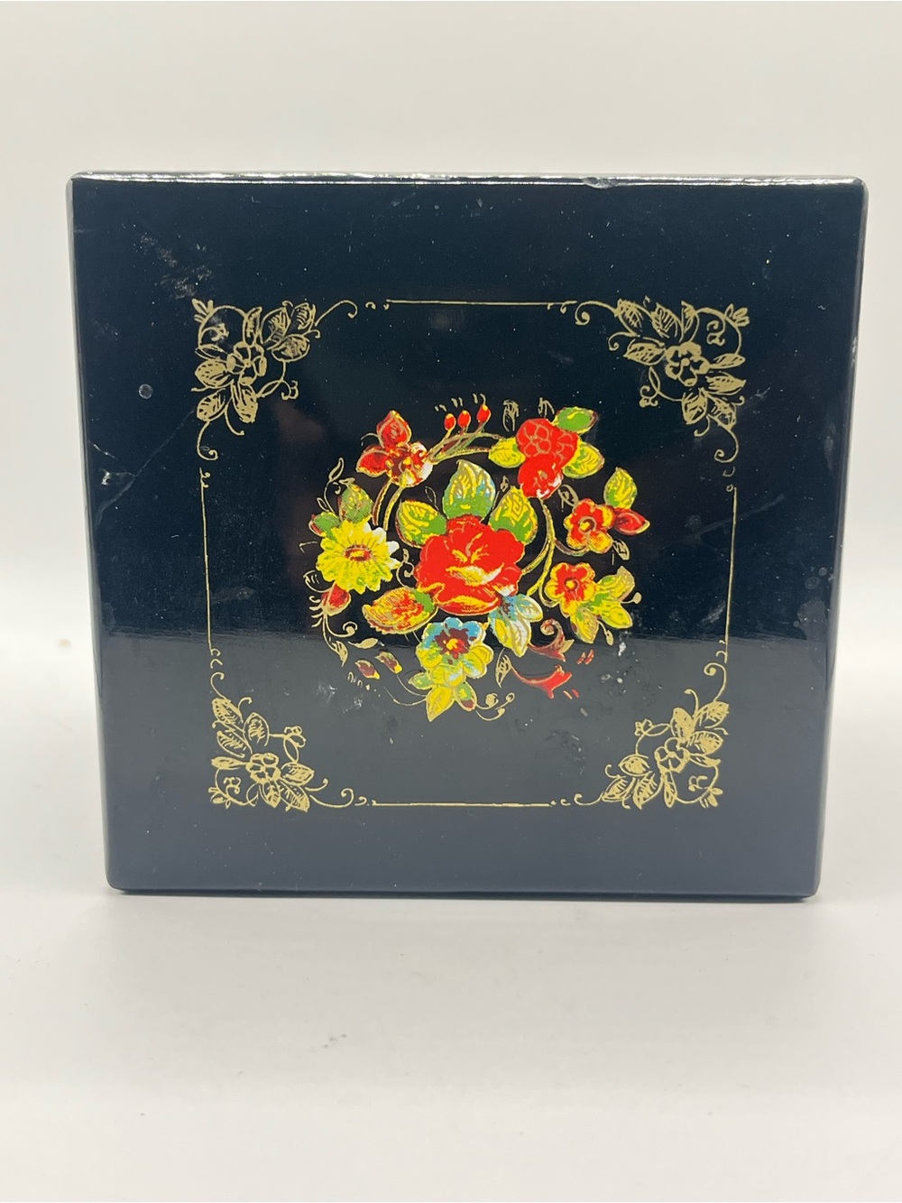 Vintage Black Floral Lacquered Music Box